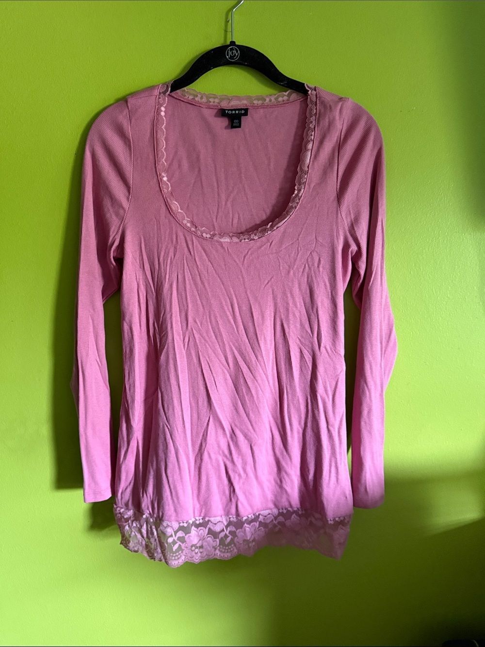 Torrid Pink Ribbed Scoop Neck Lace Long Sleeve Stretch Top Shirt Size 00/M 10